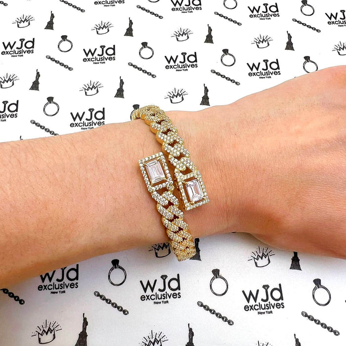 14K Yellow Gold 8mm Miami Cuff CZ Pavé Bypass Bangle Bracelet (Solid Links)