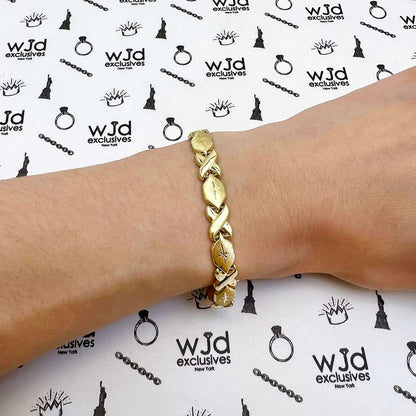 10K Gold Yellow 7mm Hollow Hugs & Kisses XO Bracelet 7.25"-8"