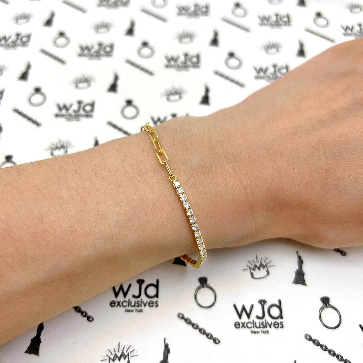 18K Gold Over Silver CZ Paperclip Tennis Bracelet 6.5-7.5" Adjus.