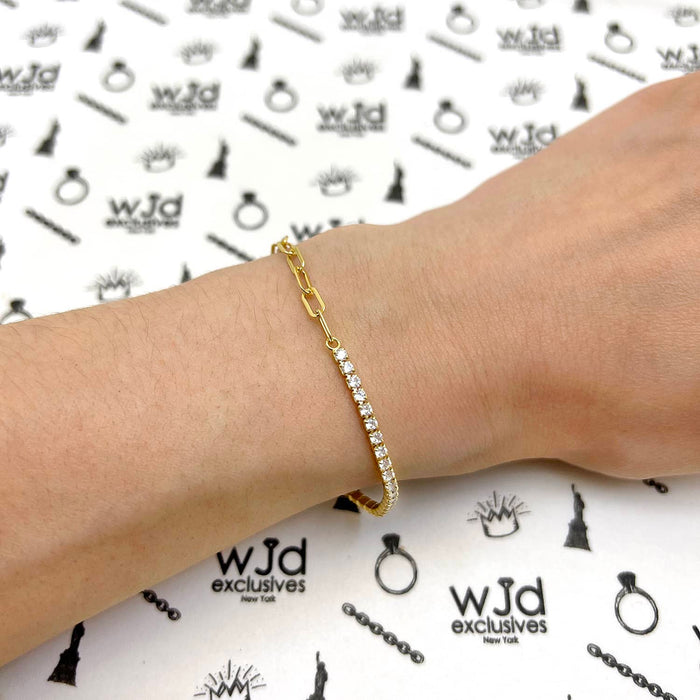 18K Yellow Gold Over Sterling Silver CZ Paperclip Tennis Bracelet 6.5"-7.5" Adjustable