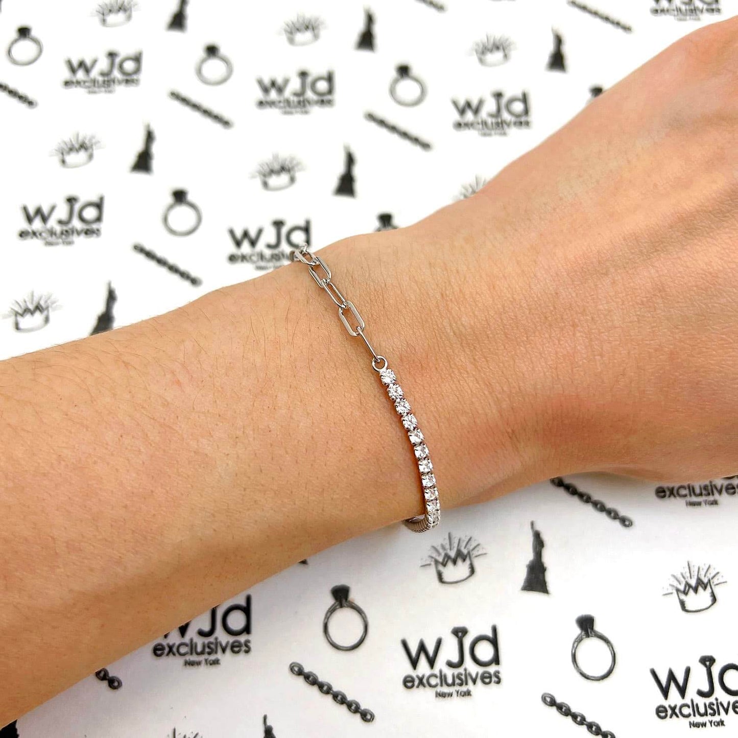 18K Gold Over Silver CZ Paperclip Tennis Bracelet 6.5-7.5" Adjus.
