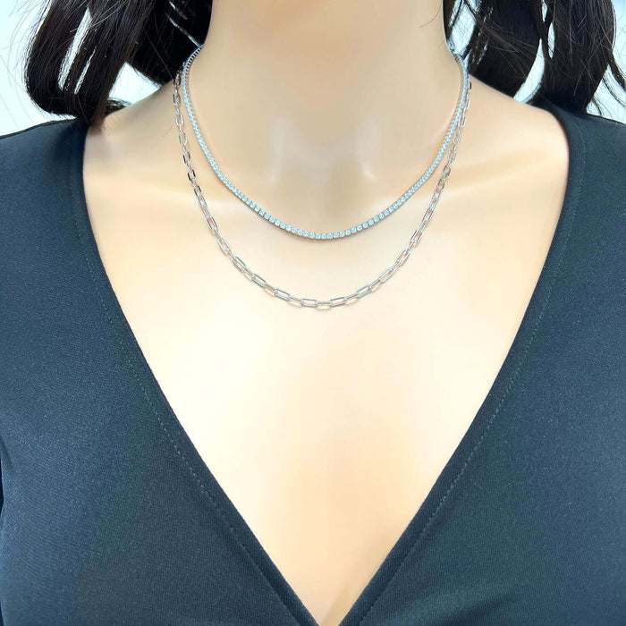 White Gold Over Sterling Silver Layered Paperclip CZ Tennis Necklace 16"-18" Adjustable