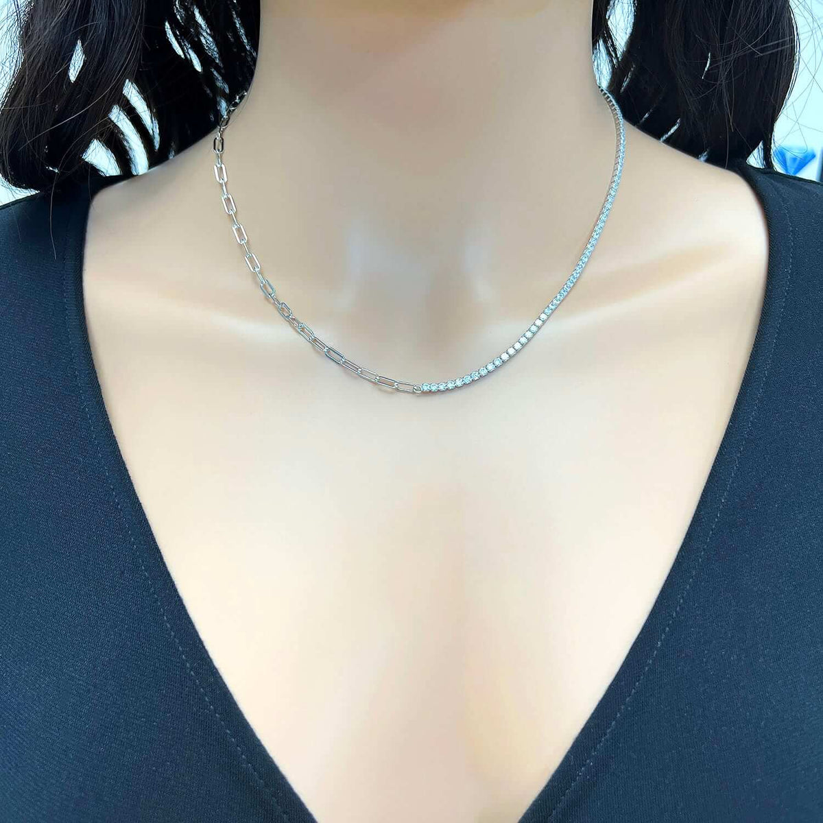 18K Yellow Gold Over Sterling Silver Paperclip CZ Tennis Necklace 16"-18" Adjustable