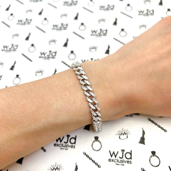 18K White Gold Over Silver 7mm Miami Cuban Baguette CZ Bracelet (Solid Links)