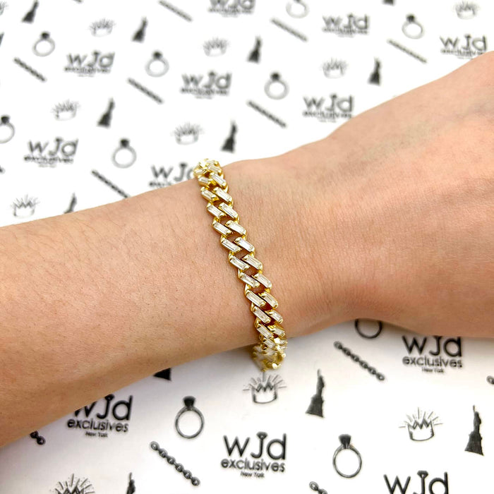 18K Yellow Gold Over Silver 7mm Miami Cuban Baguette CZ Bracelet (Solid Links)