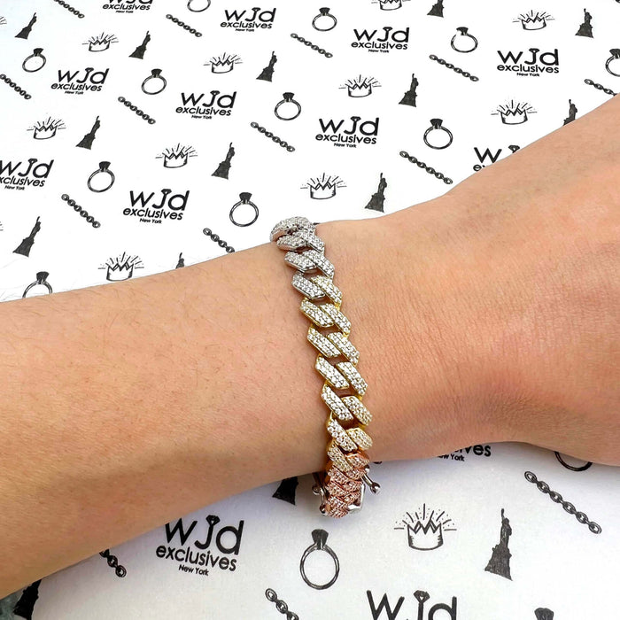 Tri-Color Gold Over Silver 8.5mm Miami Cuban CZ Bracelet (Solid Links) 7"-9"