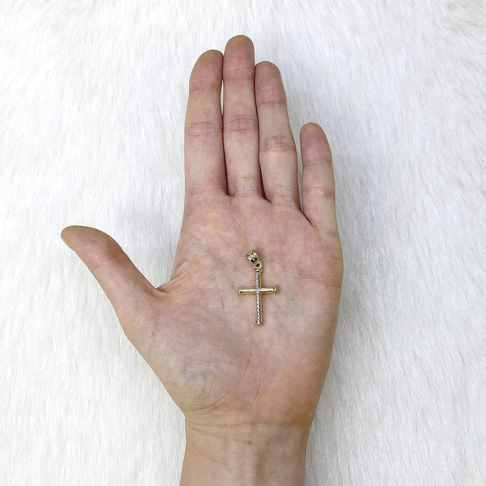 10K Yellow White Gold Two-Tone Diamond-Cut Cross Pendant 1.28"