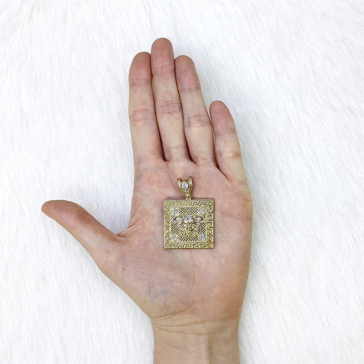10K Yellow Gold CZ Medusa Head Greek Key Square Medallion Pendant