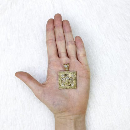 10K Yellow Gold CZ Medusa Head Greek Key Square Medallion Pendant