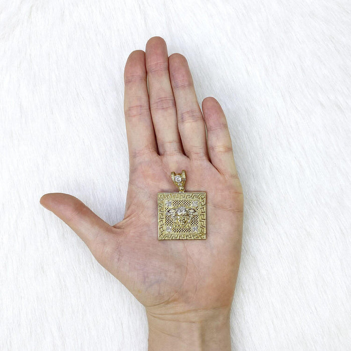 10K Yellow Gold CZ Medusa Head Greek Key Square Medallion Pendant