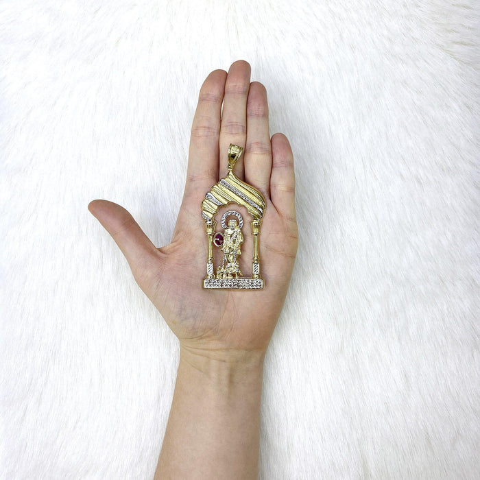 10K Yellow Gold Two Tone Diamond-Cut Red Ruby Saint Lazarus Pendant 3.3"