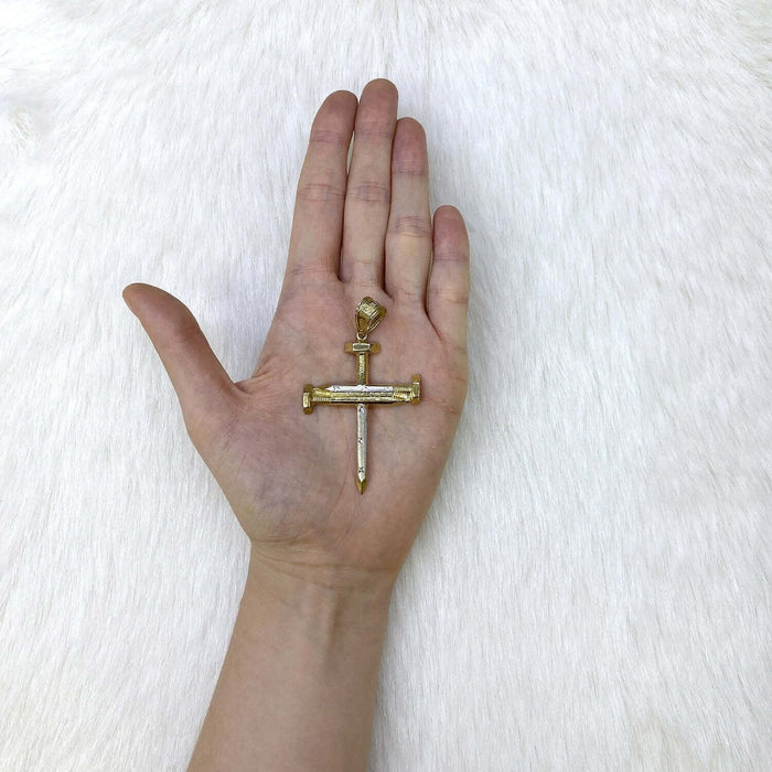 10K Yellow White Gold Two-Tone Diamond-Cut Spike Cross Pendant 67.4"