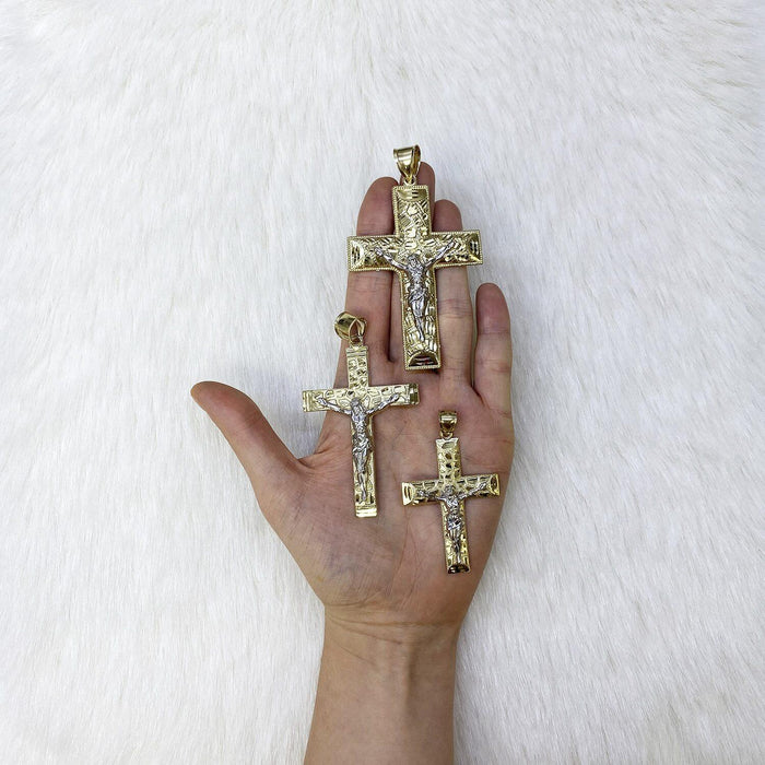 10K Yellow White Two Tone Gold Religious Jesus Crucifix Nugget Cross Pendant