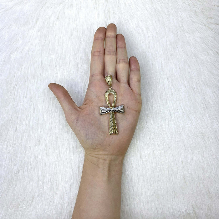 10K Two-Tone Yellow White Gold Diamond-Cut Egyptian Ankh Cross Pendant
