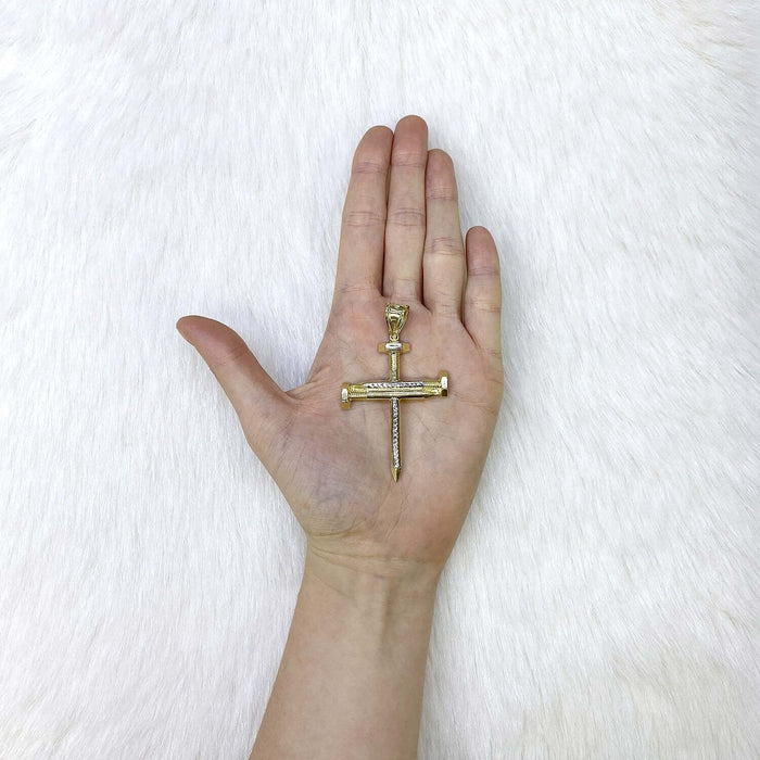 10K Yellow Gold White Two-Tone Diamond-Cut Nail Cross Pendant 2.6"
