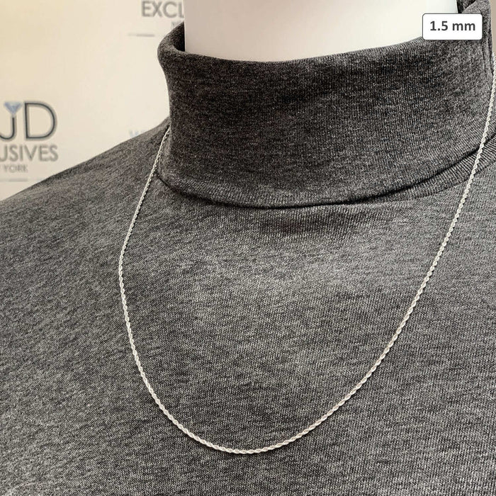 14K White Gold 1.5mm Rope Chain (Solid Links) 16"-30"