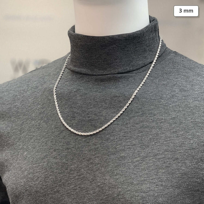 14K White Gold 3mm Diamond-Cut Rope Chain (Solid Links) 16"-30"