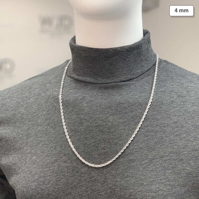 14K White Gold 4mm Diamond-Cut Rope Chain (Solid Links) 16"-30"