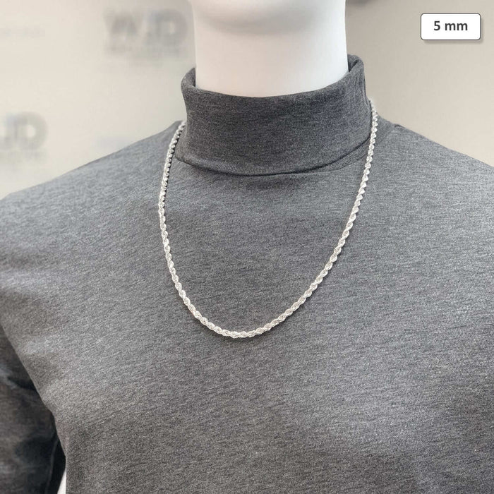 14K White Gold 5mm Diamond-Cut Rope Chain (Solid Links) 18"-30"