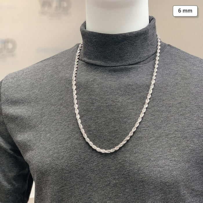 14K White Gold 6mm Diamond-Cut Rope Chain (Solid Links) 22"-30"