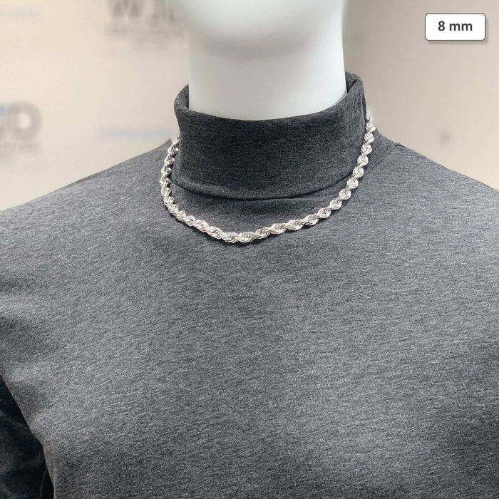 14K White Gold 8mm Diamond-Cut Rope Chain (Solid Links) 20"-28"