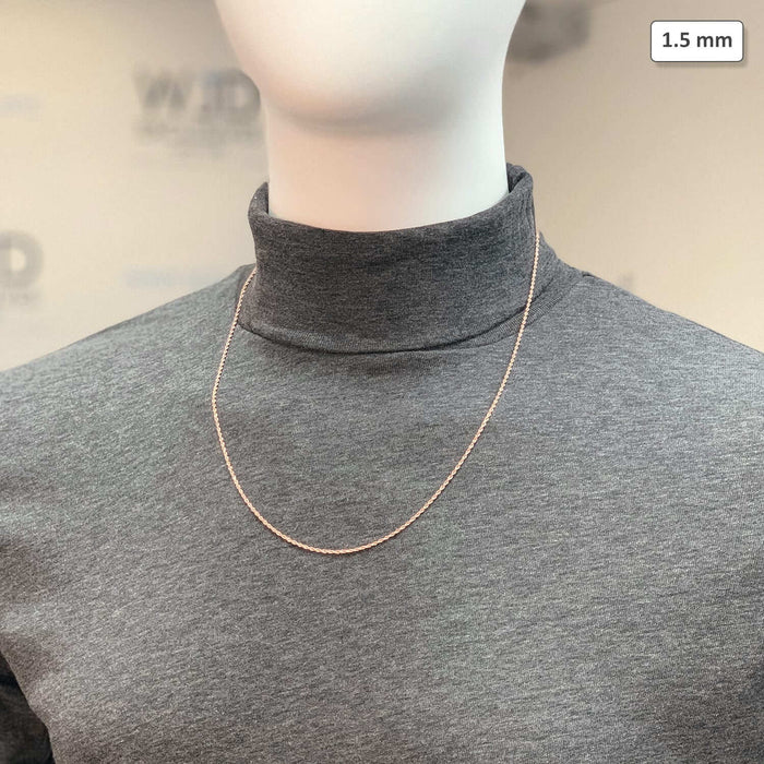 14K Rose Gold 1.5mm Diamond-Cut Rope Chain (Solid Links) 16"-30"