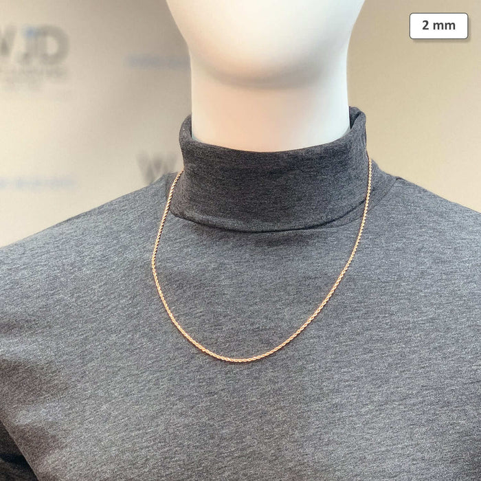 14K Rose Gold 2mm Diamond-Cut Rope Chain (Solid Links) 16"-30"