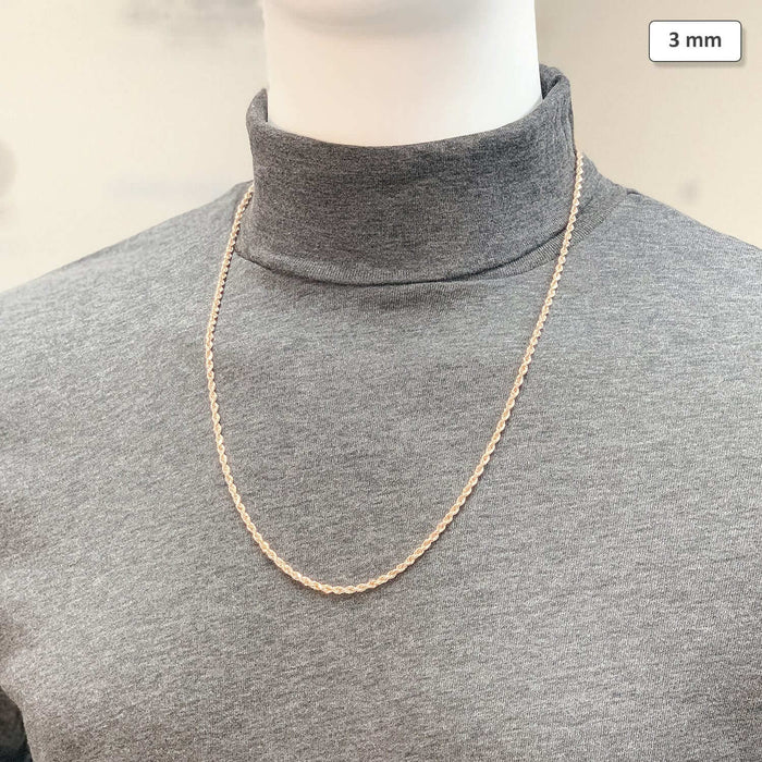 14K Rose Gold 3mm Diamond-Cut Rope Chain (Solid Links) 18"-30"