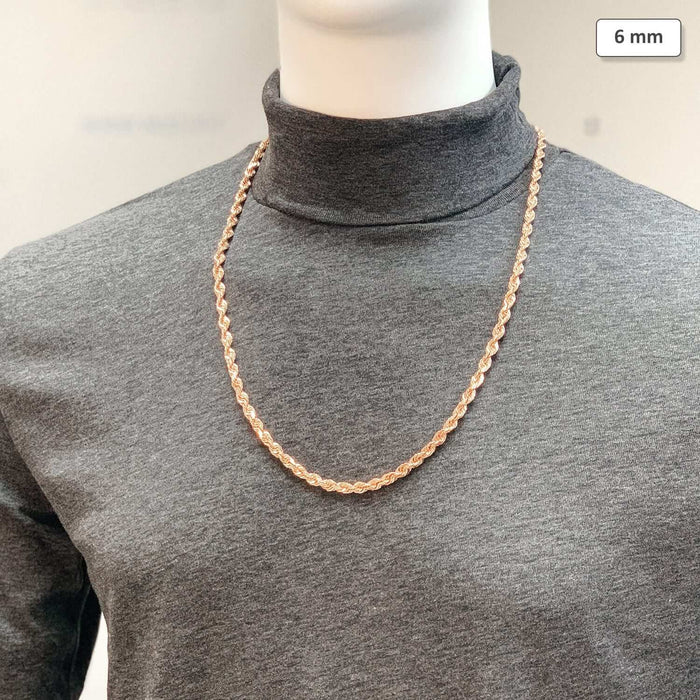 14K Rose Gold 6mm Diamond-Cut Rope Chain (Solid Links) 22"-30"