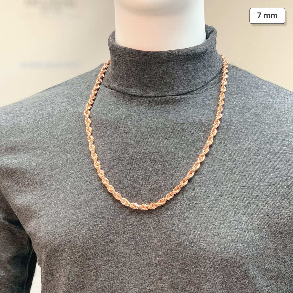 14K Rose Gold 7mm Diamond-Cut Rope Chain (Solid Links) 24"-30"