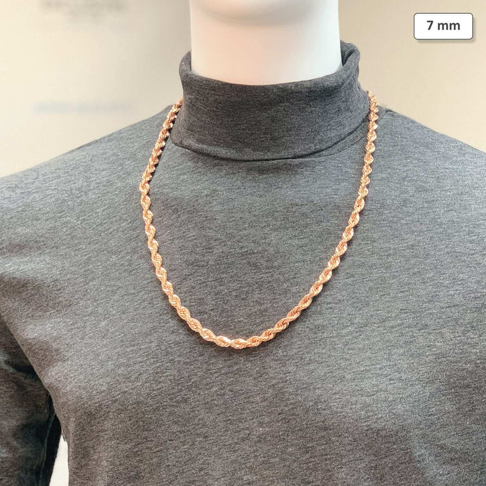 14K Rose Gold 7mm Diamond-Cut Rope Chain (Solid Links) 24"-30"