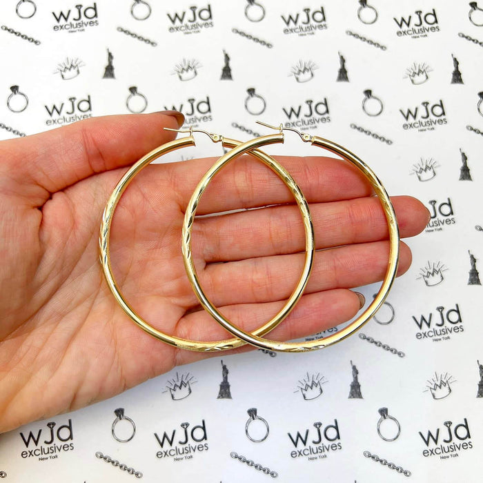 10K Yellow Gold 3mm Diamond-Cut Hoop Earrings 2.5"