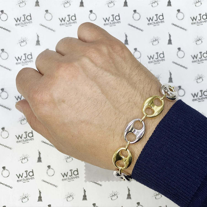 10K Yellow White Gold Two-Tone 15mm Puffed Anchor Mariner Bracelet (Hollow) 9"