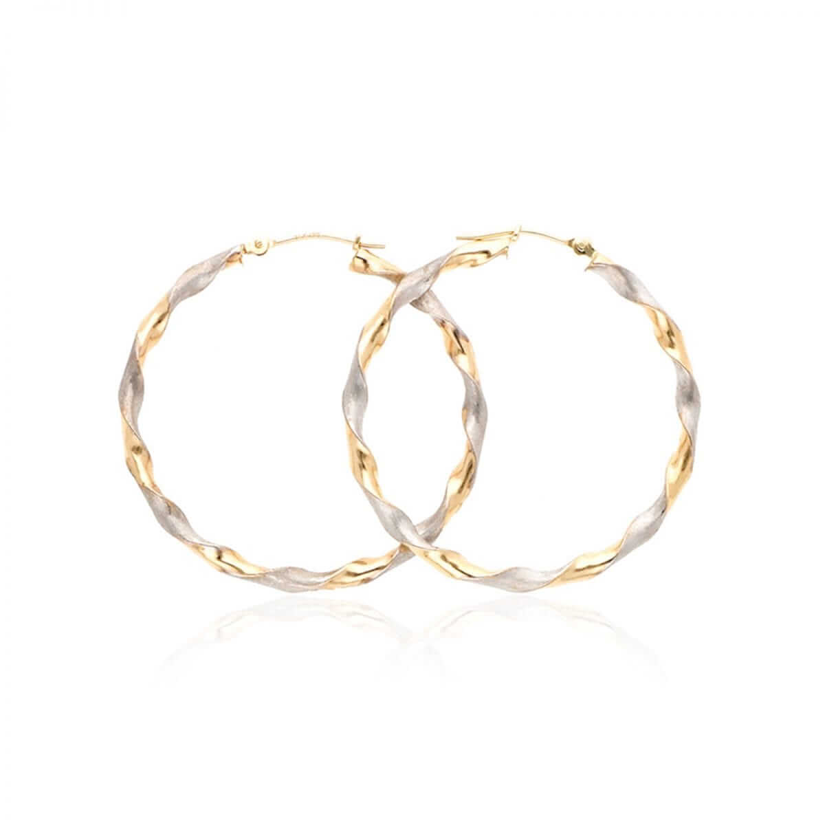 14k Yellow & White Gold Two-Tone Satin Finish Twisted Hoop Earrings 1.5"