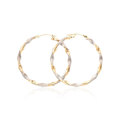 14k Yellow & White Gold Two-Tone Satin Finish Twisted Hoop Earrings 1.5"
