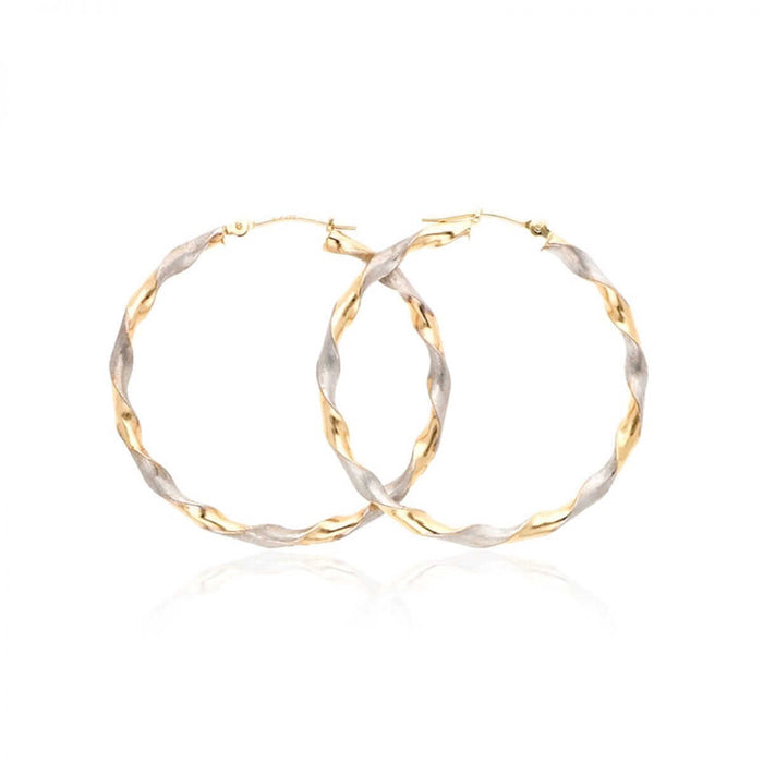 14k Yellow & White Gold Two-Tone Satin Finish Twisted Hoop Earrings 1.5"