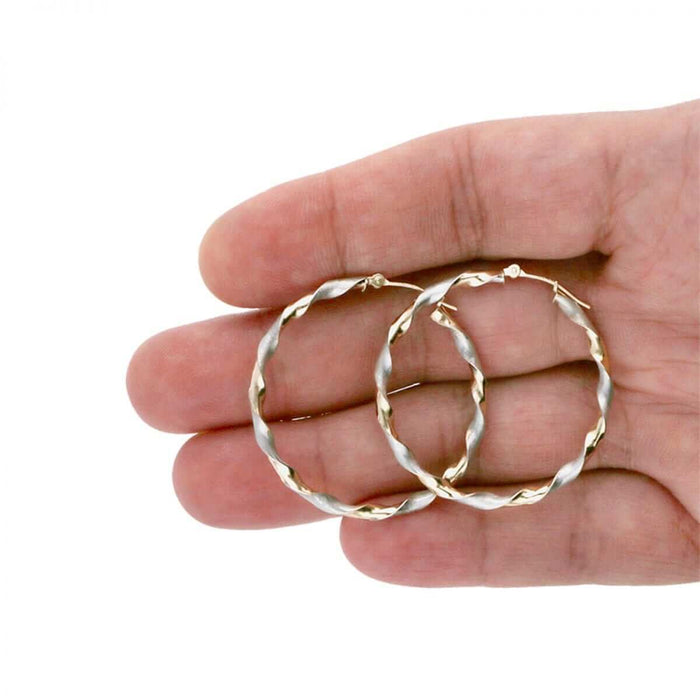 14k Yellow & White Gold Two-Tone Satin Finish Twisted Hoop Earrings 1.5"
