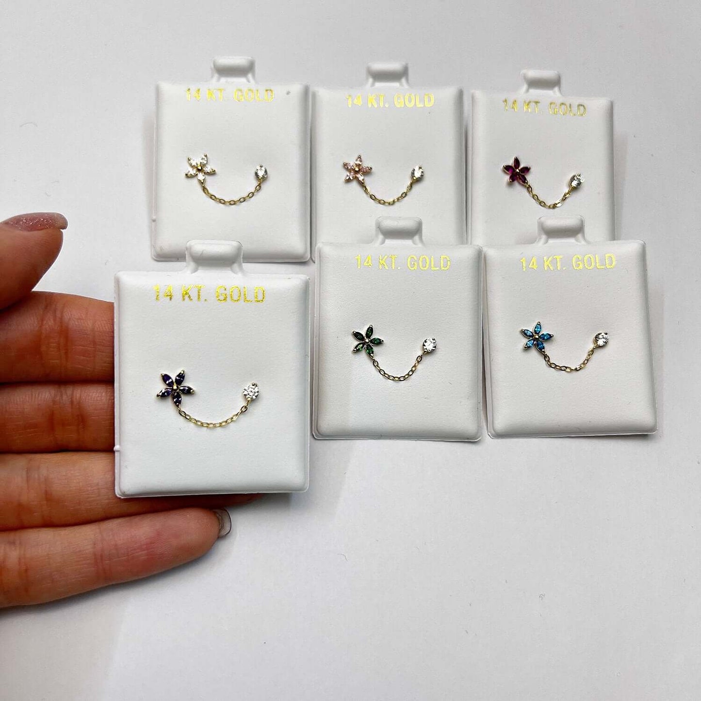 14K Real Gold CZ Flower Stud Double Pierced Earrings