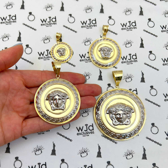 10K Yellow White Gold Medusa Head Round Hollow Medallion Pendant 1"-2.2"