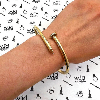 0.20CTW CZ 14K Yellow Gold Spike Cuff Hinged Bangle Bracelet 8"
