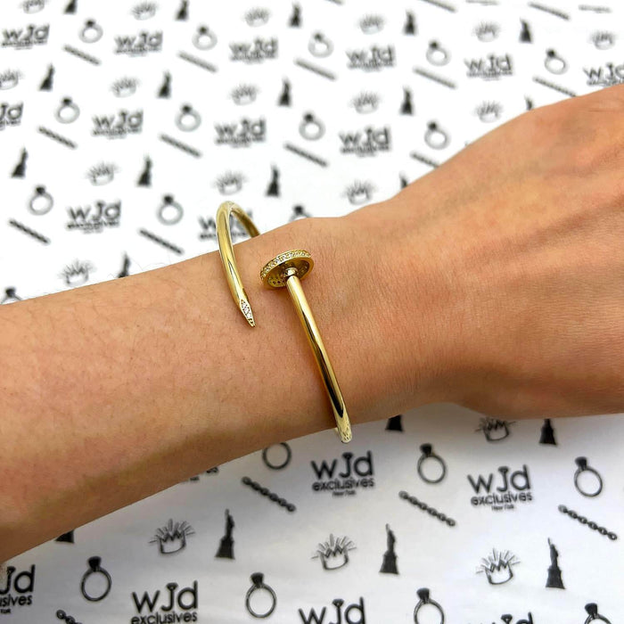 .30CTW CZ 14K Gold 3mm Nail Cuff Bangle Bracelet (Hollow) 6.25"-7.5"