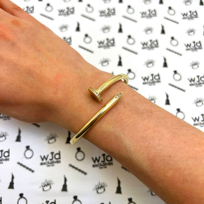 0.30CTW CZ 4mm 14K Yellow Gold Spike Cuff Bangle Bracelet 6.75"