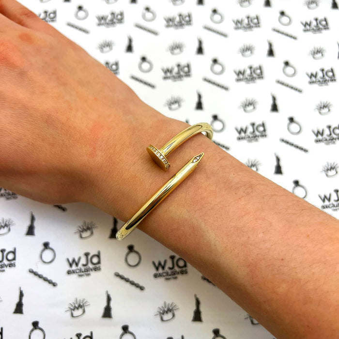 0.30CTW CZ 4mm 14K Yellow Gold Spike Cuff Bangle Bracelet (Hollow) 6.75"