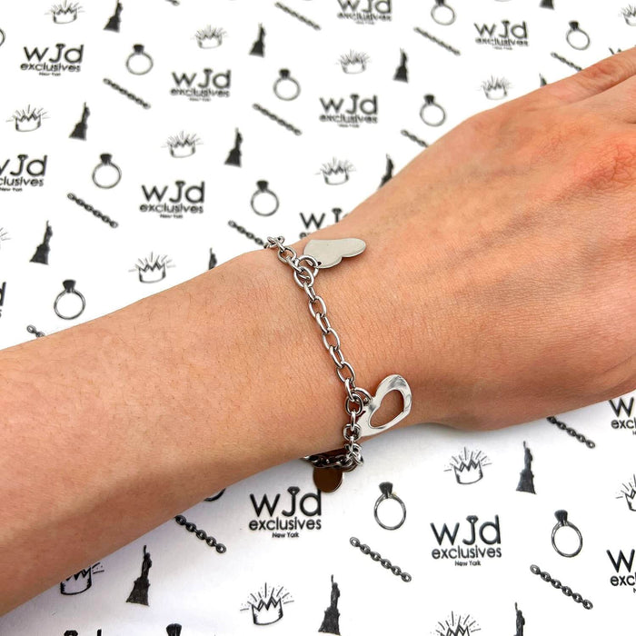 14K White Gold Rolo Hearts Charm Bracelet (Hollow) 7.5"