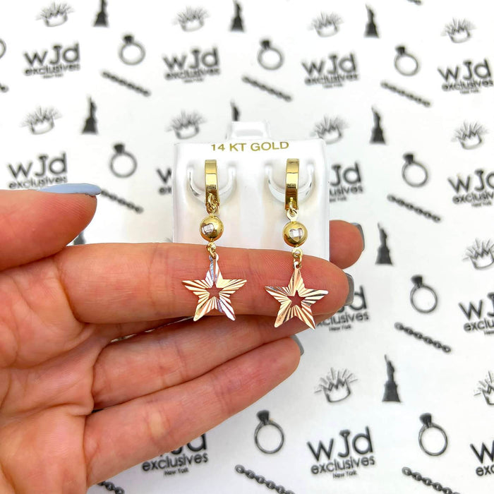 14K Yellow Rose Gold Drop Diamond-Cut Star Huggie Hoop Earrings 40mm