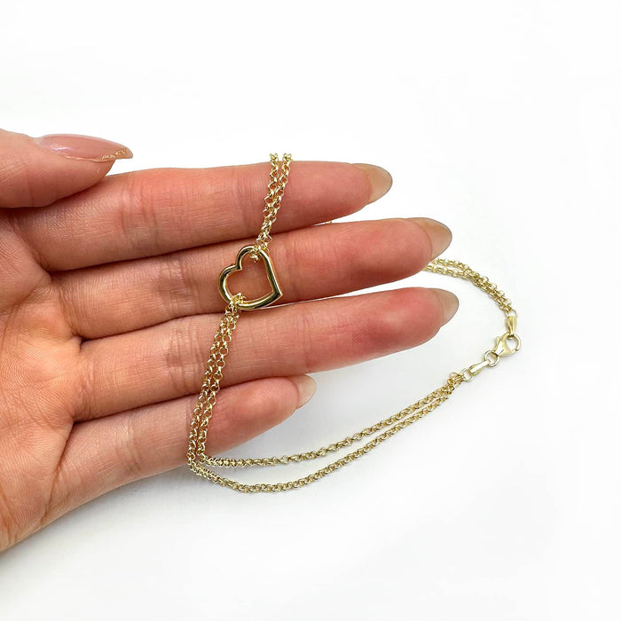 14K Yellow White Gold Double Open Heart Anklet (Hollow) 10" - WJD Exclusives