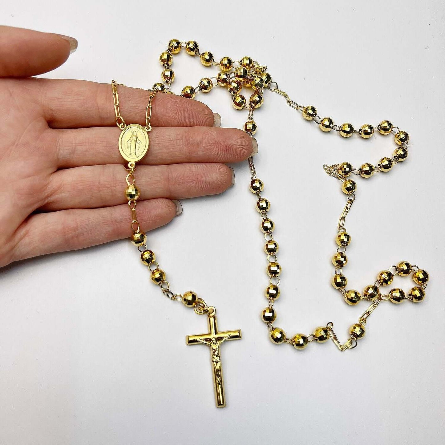 14K Gold 6mm Diamond-Cut Hollow Ball & Rosary Cross Chain Necklace 26"