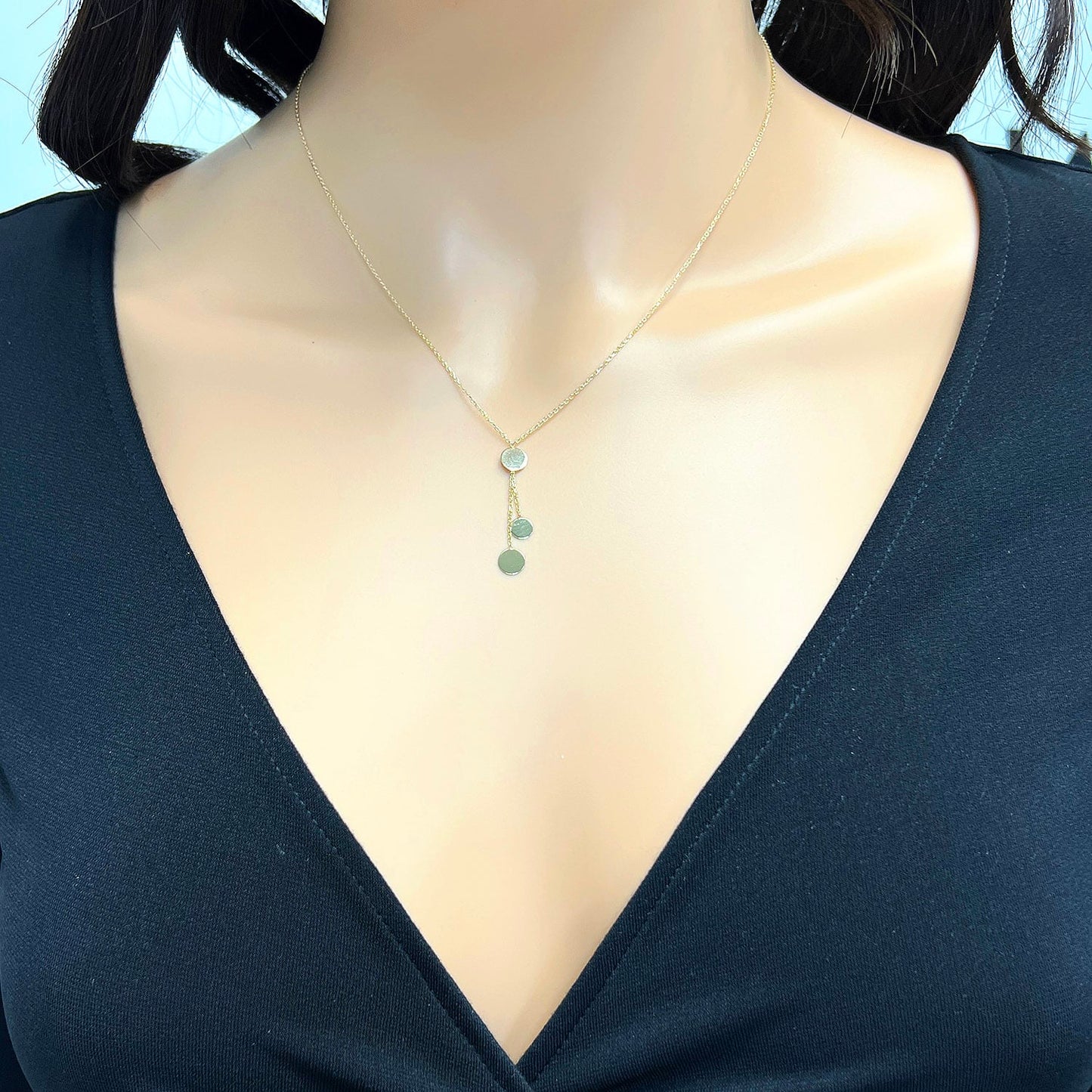 14K Yellow Gold 1.5mm Cable Round 3 Disc Pendant Lariat Necklace Adj. 16"-18"