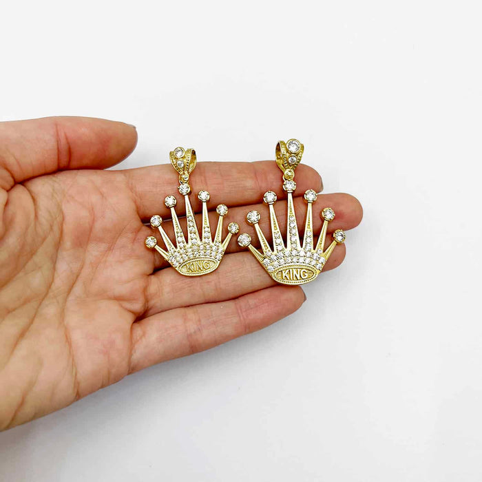 10K Yellow Gold CZ King Crown Pendant 1.6"-1.85"