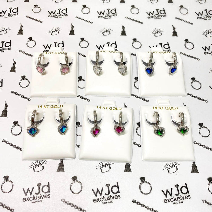14K White Gold Halo Heart Birthstone CZ Huggie Earrings